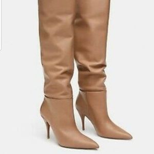 Zara Nude Leather Knee High Boots